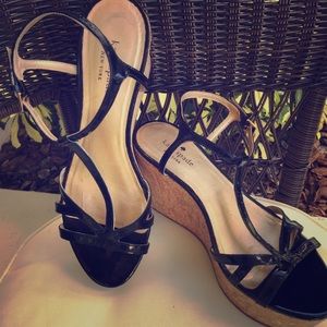 Kate Spade Black Patent W/Gold Specks Cork Wedge